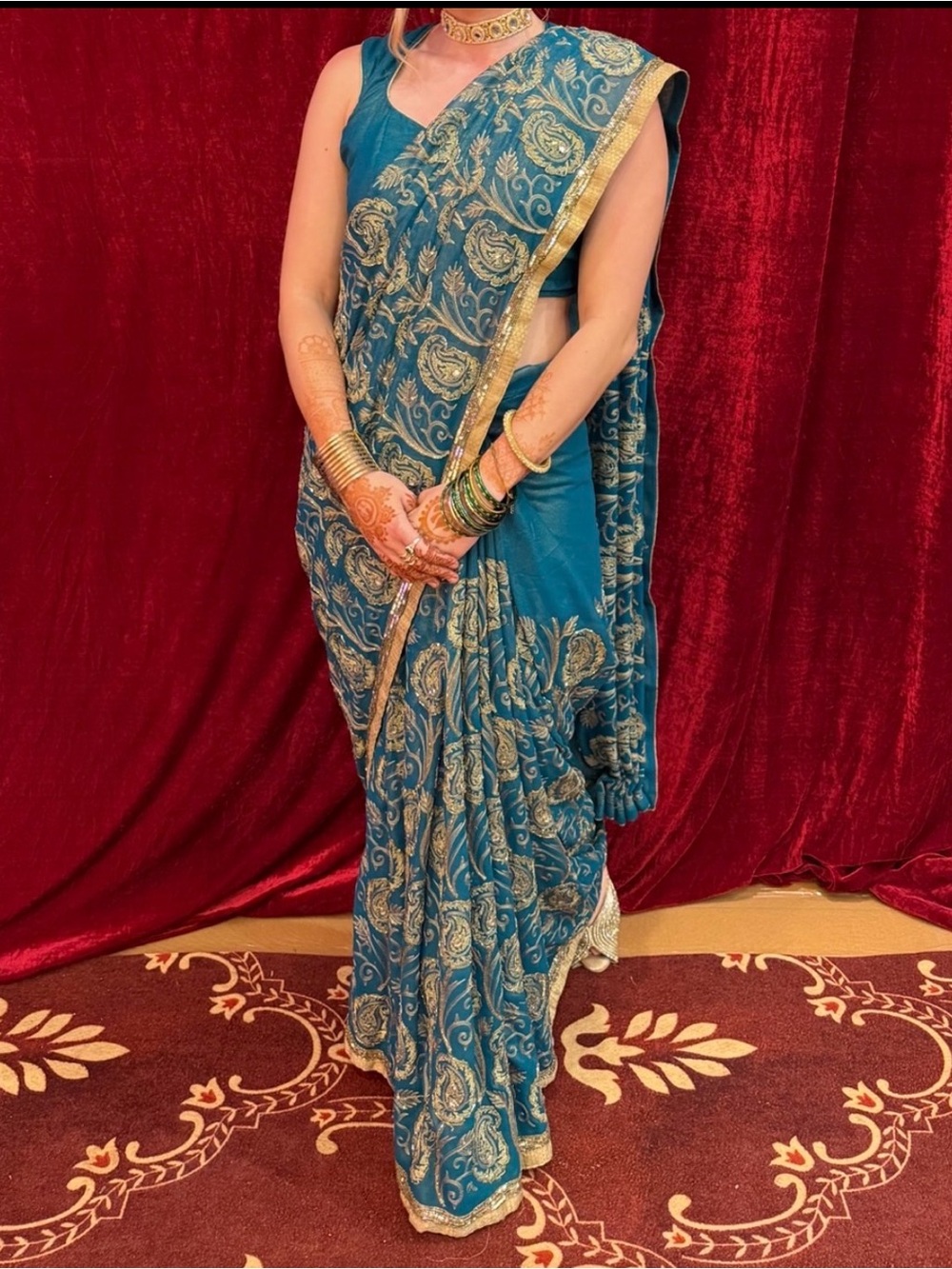 Teal Blue and Gold Embroidered Sari
